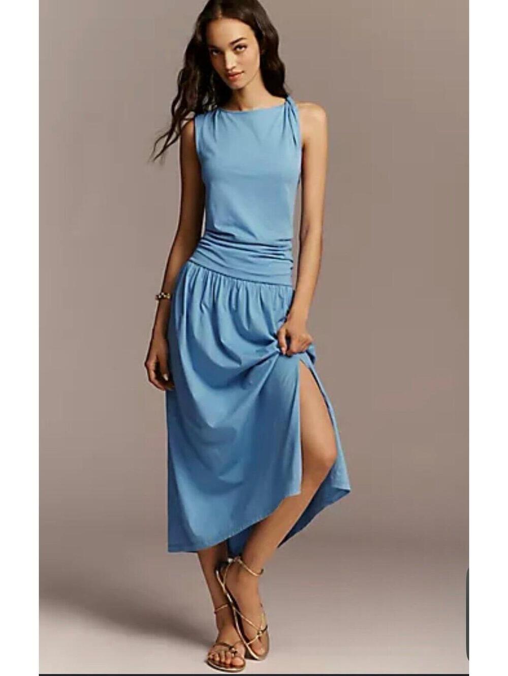 NWT Nation Los Angeles Blue Ruched Waist Midi Dress XL Sleeveless Soft Knit